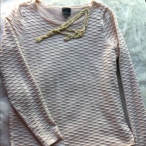 Pale pink knit sweater top with sheer  underlay